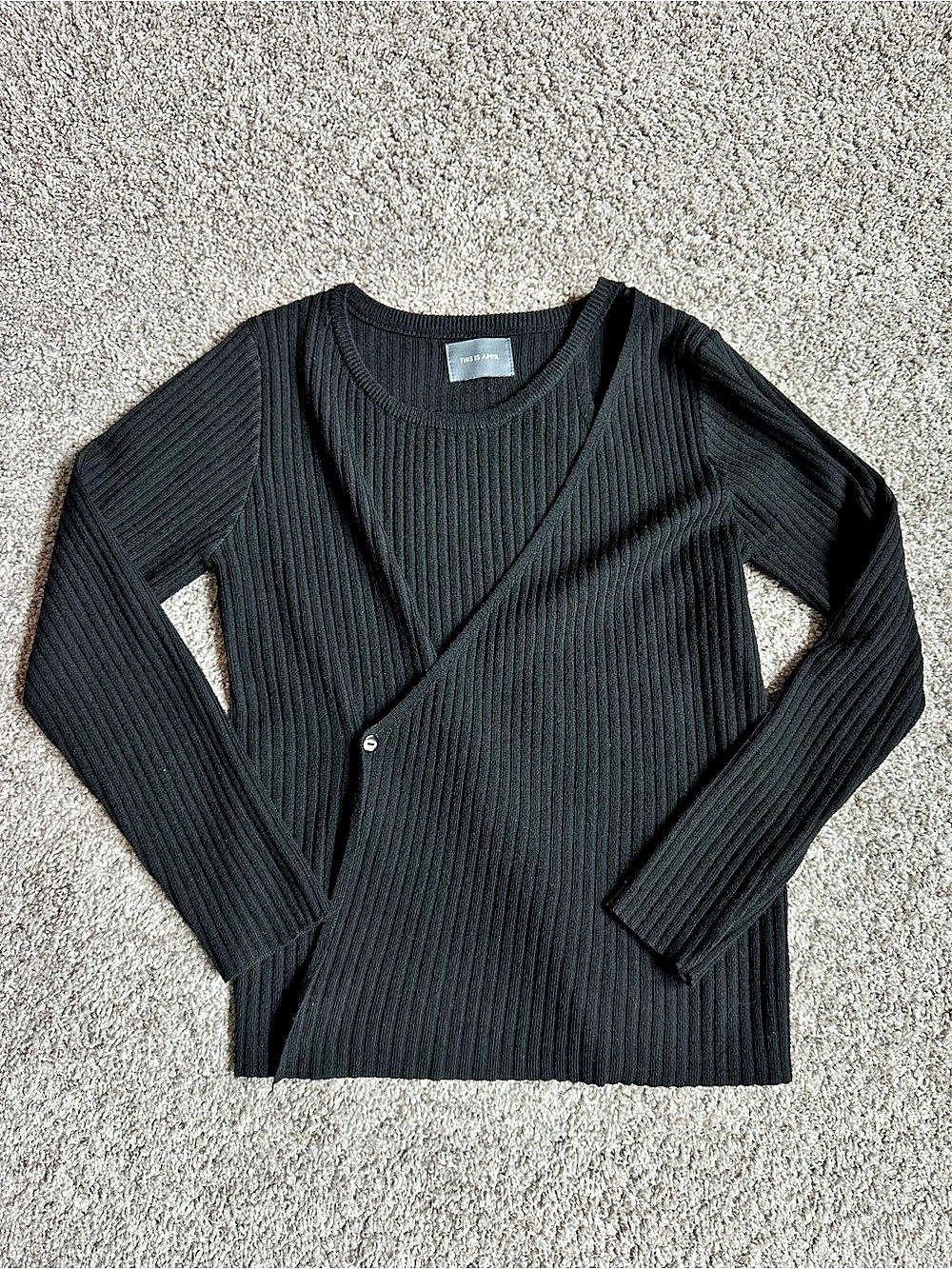 Black Ribbed Wrap Sweater Top Women’s Business Casual Asymmetric Shoulder Cutout